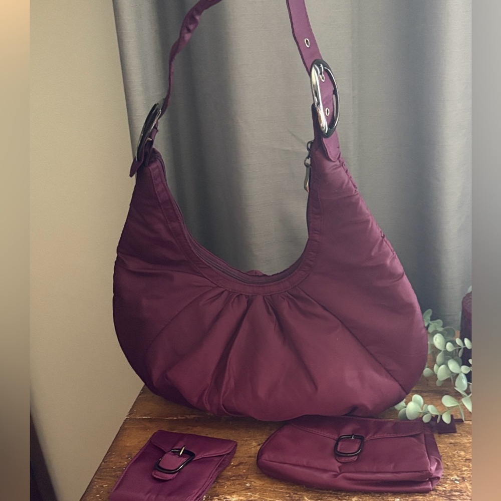 Y2K Slouchy Aubergine Hobo Bag Set w Matching Pouches | Nylon Shoulder Purse